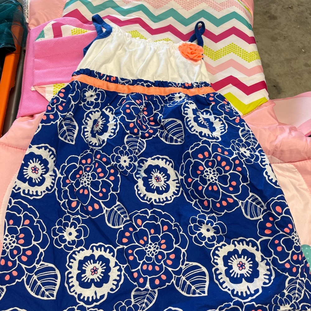Healthtex Blue and White Floral Dress with Orange Highlights